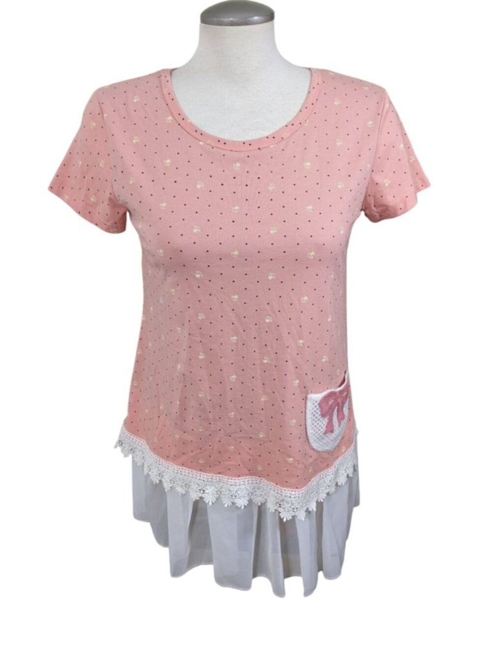 Womens Blouse Pink Polka Dot Bow Lace Trim Ruffle Peplum Top Coquette Feminine M